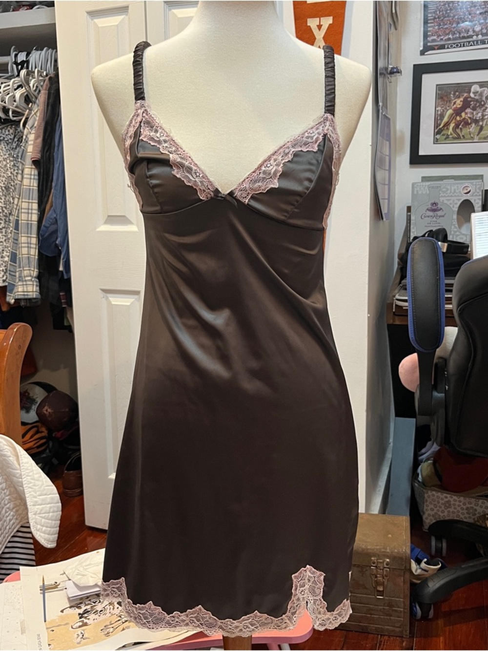 gray silk slip mini dress with pink lace detailing